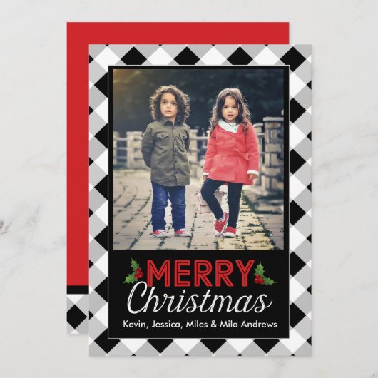 白黒バッファローの格子縞のクリスマスの写真カード シーズンカード (正面/裏面)