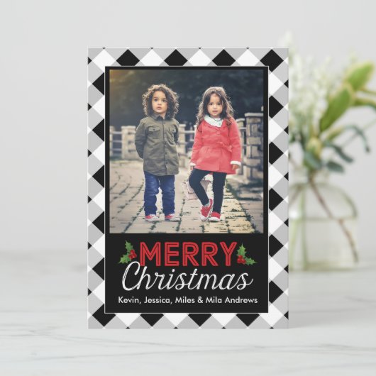 白黒バッファローの格子縞のクリスマスの写真カード シーズンカード (スタンド正面)