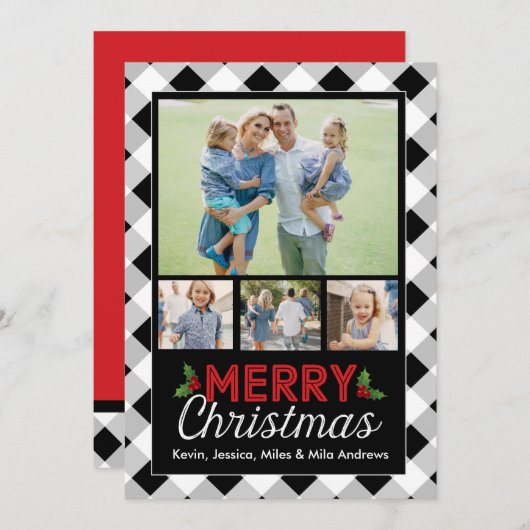 白黒バッファローの格子縞のクリスマスの写真カード シーズンカード (正面/裏面)