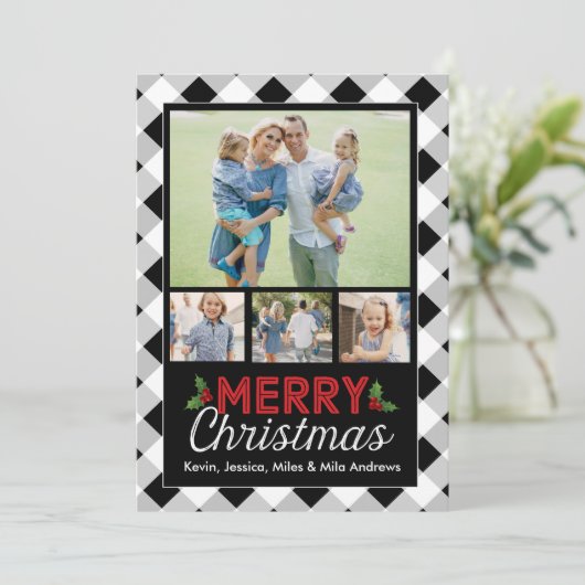 白黒バッファローの格子縞のクリスマスの写真カード シーズンカード (スタンド正面)