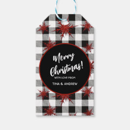 白黒バッファローチェックレッドグリッタースノーフレーク ギフトタグ