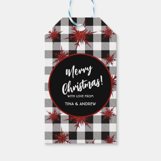 白黒バッファローチェックレッドグリッタースノーフレーク ギフトタグ (正面)