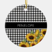 白黒バッファロープレイドイエローサンフラワー セラミックオーナメント (正面)