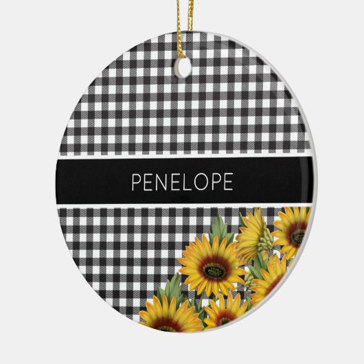 白黒バッファロープレイドイエローサンフラワー セラミックオーナメント (左)