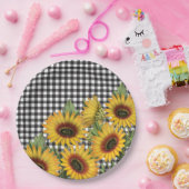 白黒バッファロープレイドイエローサンフラワー ペーパープレート (パーティー)