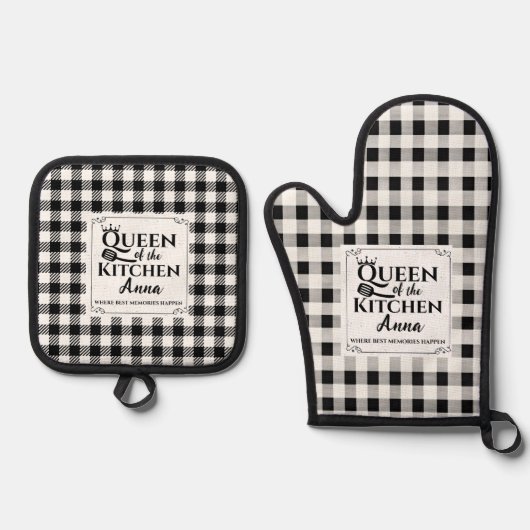 白黒バッファロープレイドカスタム文字キッチン 鍋つかみ&鍋敷きセット (正面)