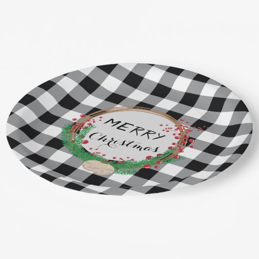 白黒バッファロープレイドクリスマス紙プレート ペーパープレート (アングル)