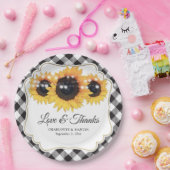 白黒バッファロープレイドヒマワリ結婚フローラ ペーパープレート (パーティー)