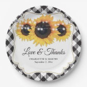 白黒バッファロープレイドヒマワリ結婚フローラ ペーパープレート (正面)