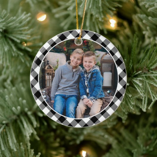 白黒バッファロープレイドファミリーホリデー写真 セラミックオーナメント (ツリー)