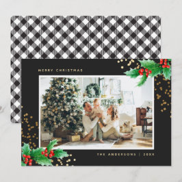白黒バッファロープレイドホリーフォトクリスマス シーズンカード