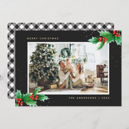 白黒バッファロープレイドホリーフォトクリスマス シーズンカード (正面/裏面)