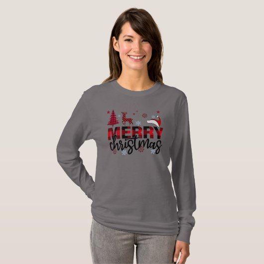 白黒バッファロープレイドメリークリスマスデザイン Tシャツ (正面フル)