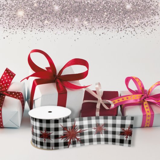 白黒バッファロープレイドレッドグリッター雪片 サテンリボン