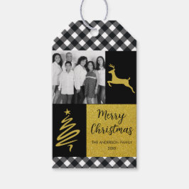白黒バッファロープレイド金ゴールドホリデーフォト ギフトタグ