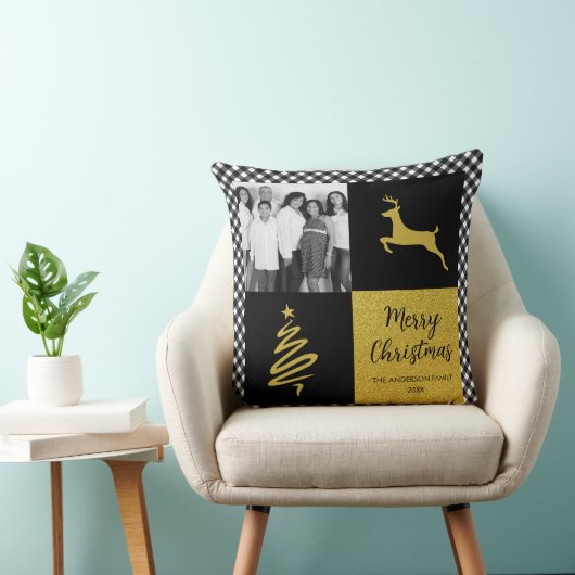 白黒バッファロープレイド金ゴールドホリデーフォト クッション (椅子)