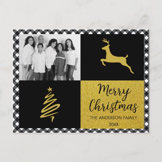 白黒バッファロープレイド金ゴールドホリデーフォト シーズンポストカード (正面)