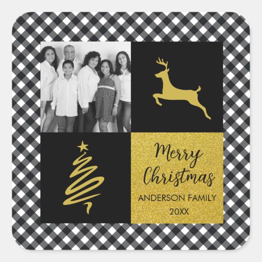 白黒バッファロープレイド金ゴールドホリデーフォト スクエアシール (正面)