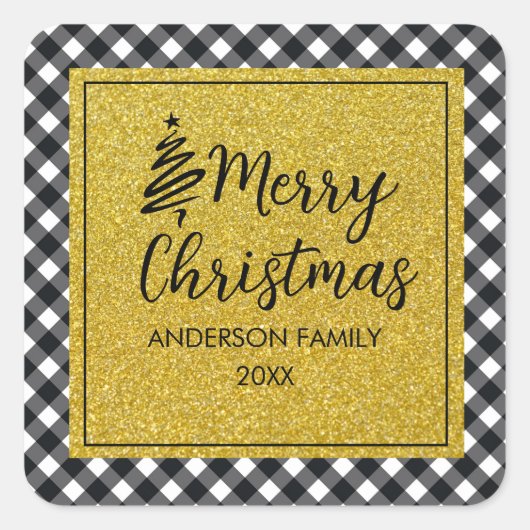 白黒バッファロープレイド金ゴールドホリデーフォト スクエアシール (正面)
