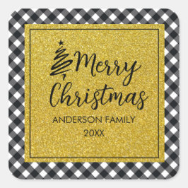 白黒バッファロープレイド金ゴールドホリデーフォト スクエアシール