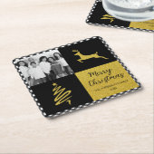 白黒バッファロープレイド金ゴールドホリデーフォト スクエアペーパーコースター (アングル)