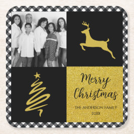白黒バッファロープレイド金ゴールドホリデーフォト スクエアペーパーコースター