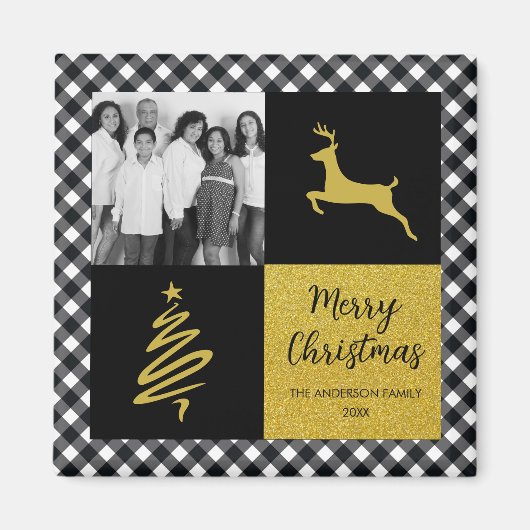 白黒バッファロープレイド金ゴールドホリデーフォト マグネット (正面)