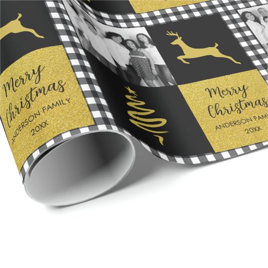 白黒バッファロープレイド金ゴールドホリデーフォト ラッピングペーパー (ロールコーナー)