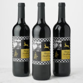 白黒バッファロープレイド金ゴールドホリデーフォト ワインラベル (ボトル)