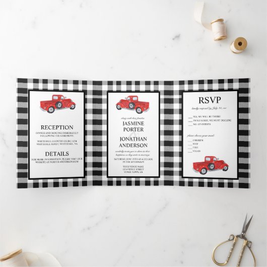 白黒バッファロー格子縞レッドトラック結婚ズ 三つ折り招待状 (内部)