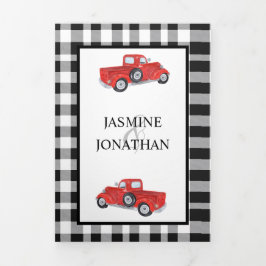 白黒バッファロー格子縞レッドトラック結婚ズ 三つ折り招待状