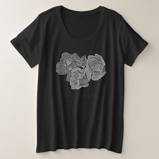 白黒バラとバラ蕾の花 プラスサイズTシャツ (デザイン正面)