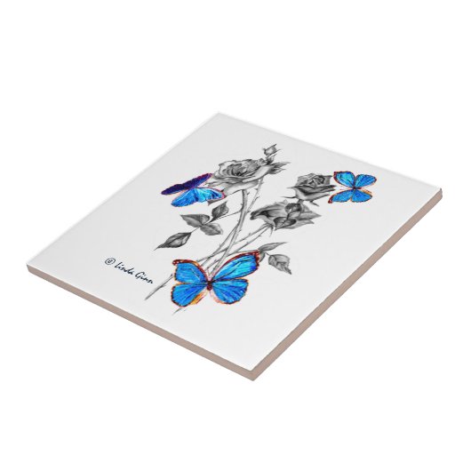 白黒バラのタイルの蝶を変形させて下さい タイル (側面)