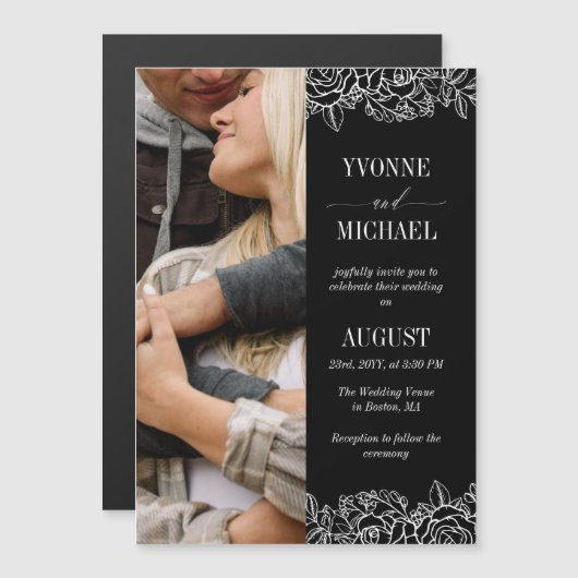 白黒バラの概要結婚写真 マグネット招待状 (正面/裏面)