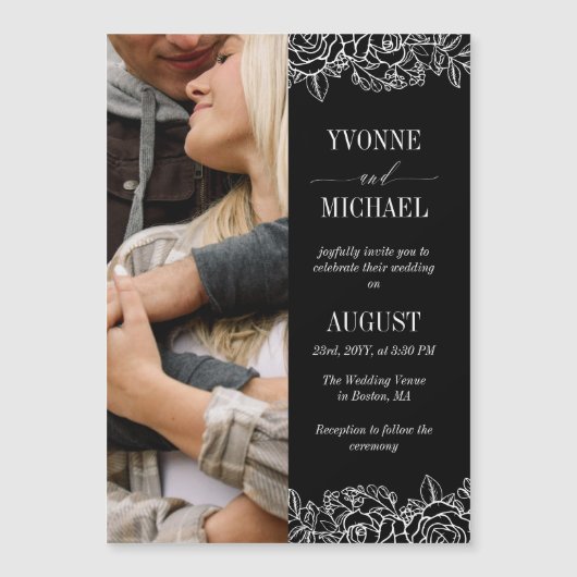 白黒バラの概要結婚写真 マグネット招待状 (正面)