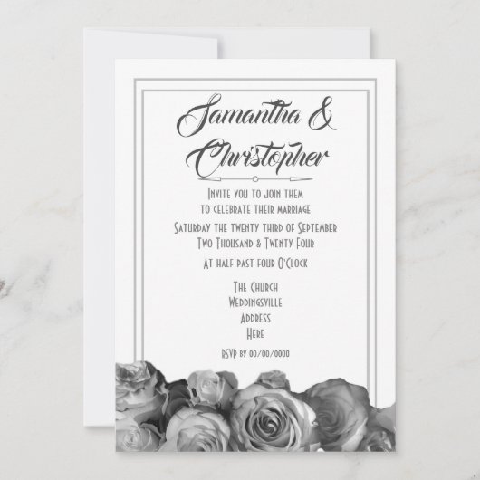 白黒バラの花の結婚式 招待状 (正面)