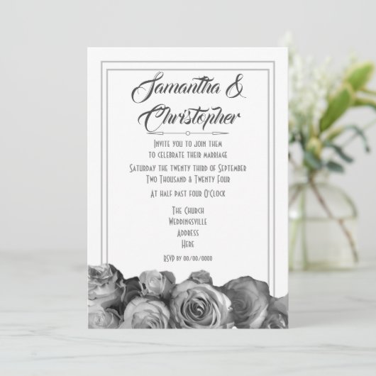 白黒バラの花の結婚式 招待状 (スタンド正面)