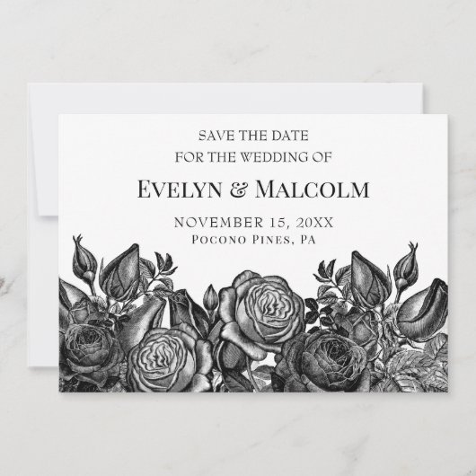 白黒バラのSave the Date はがき 招待状 (正面)