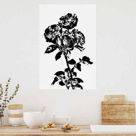 白黒バラアート図解入りの、写真付きのポスター ポスター (キッチン)