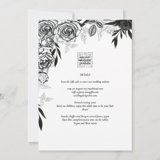 白黒バラゴシックプリントまたはデジ結婚タル 招待状 (裏面)