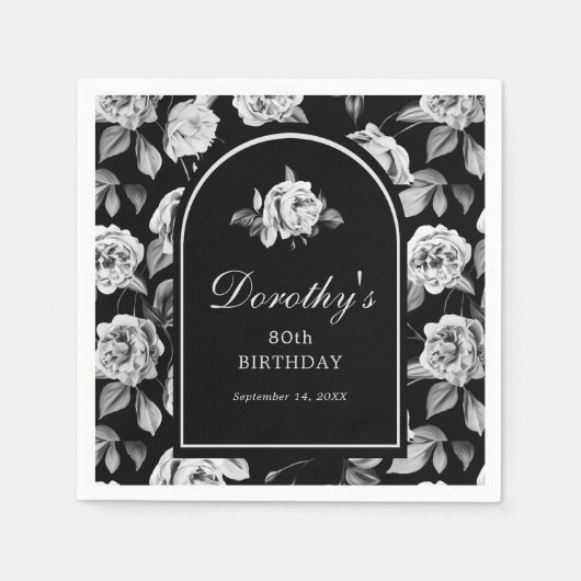 白黒バラフローラ3月80日バースデーパーティー スタンダードカクテルナプキン (正面)