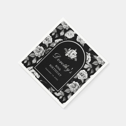 白黒バラフローラ3月80日バースデーパーティー スタンダードカクテルナプキン (角)