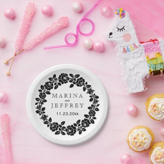 白黒バラモダンリース結婚フローラ ペーパープレート (パーティー)