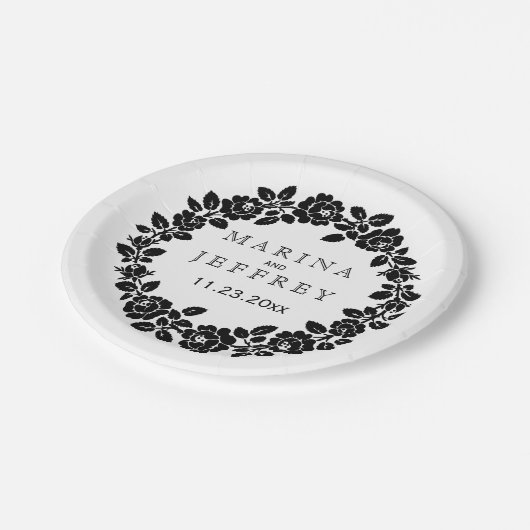 白黒バラモダンリース結婚フローラ ペーパープレート (アングル)