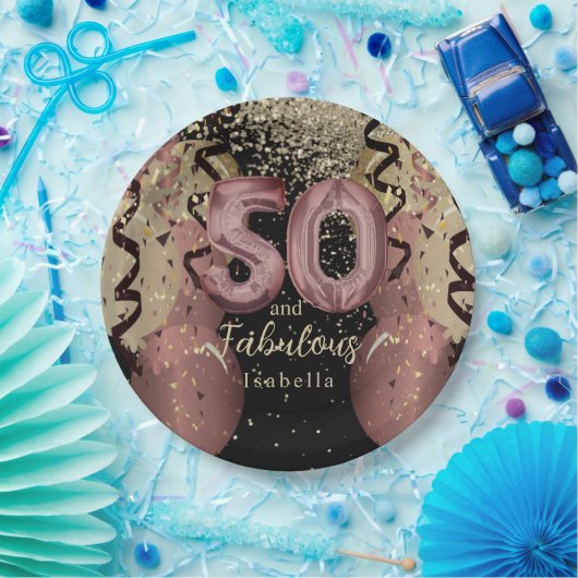 白黒バラ金ゴールドグリッター50誕生日 ペーパープレート (パーティー)