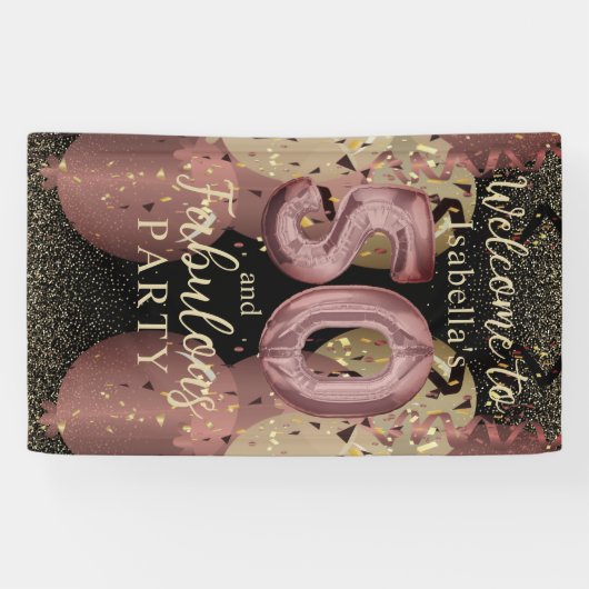 白黒バラ金ゴールドグリッター50誕生日 横断幕 (横)