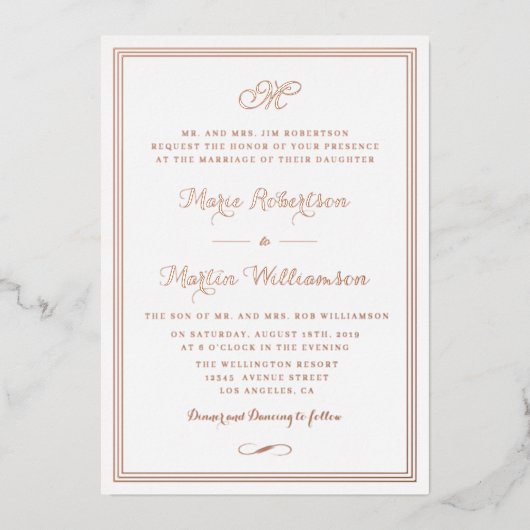 白黒バラ金ゴールド書結婚の 箔招待状 (正面)