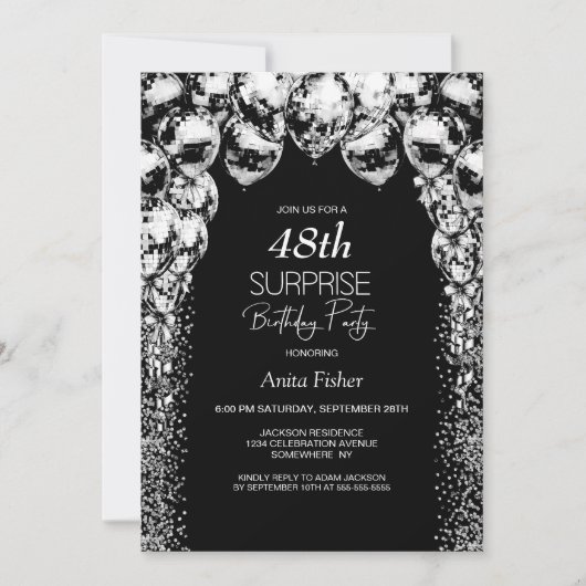 白黒バルーン任意の年齢のサプライズ誕生日 招待状 (正面)
