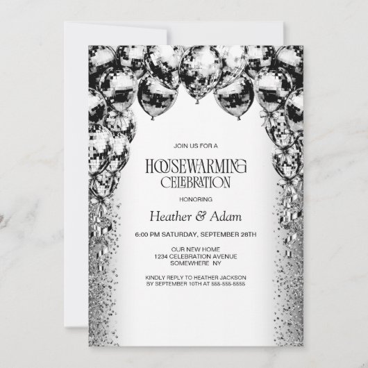 白黒バルーン引っ越し祝いパーティーパーティー 招待状 (正面)