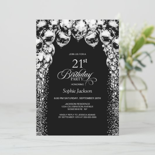 白黒バルーン21歳の誕生日パーティー 招待状 (スタンド正面)